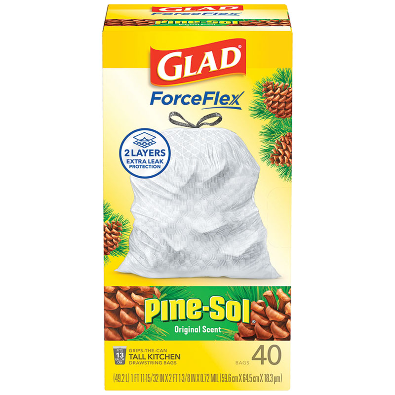 40 Pk. Glad ForceFlex Pine Scent Kitchen Drawstring Trash Bags