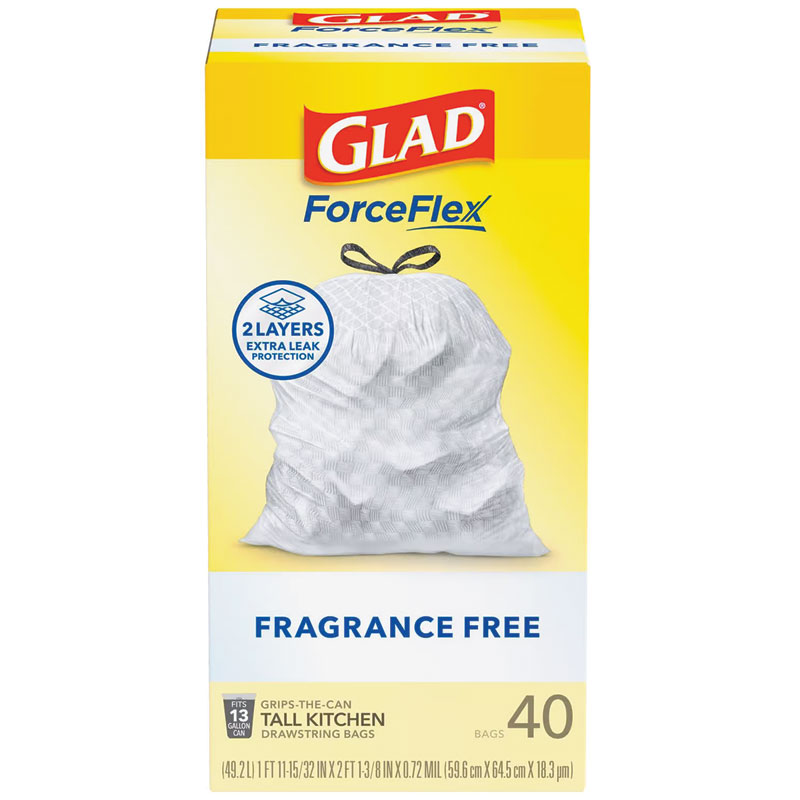 40 Pk. Glad ForceFlex No Scent Kitchen Drawstring Trash Bags
