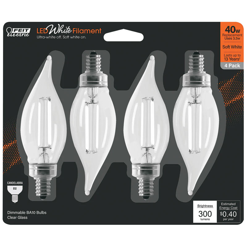 4 Pk. Feit White Filament Candelabra Soft White LED Bulb - 40W equivalent