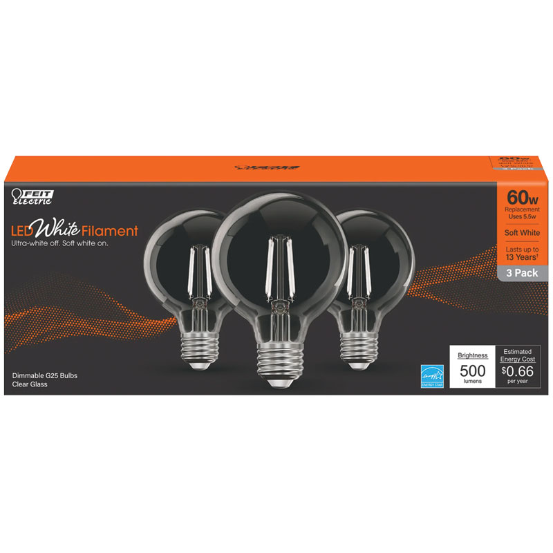 3 Pk. Feit White Filament Soft White LED Light Bulb - 60W equivalent