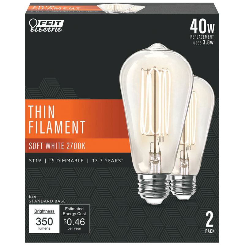 2 Pk. Feit ST10 E26 Fiament LED Bulb Soft White 40 W Equivalence