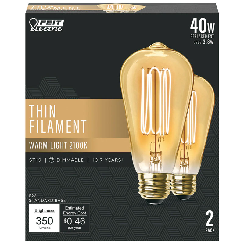2 Pk.  Feit ST19 E26 Felament LED Bulb Warm White 40 W Equivalence